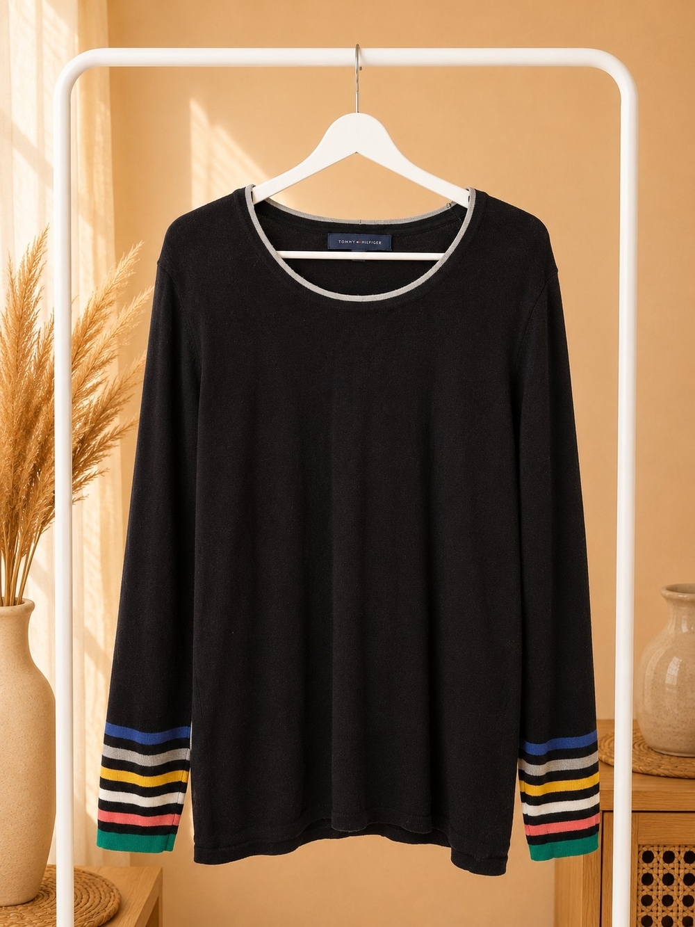 Tommy Hilfiger Black Knit Crewneck Sweater Multi Color Rainbow Striped Cuff LG.